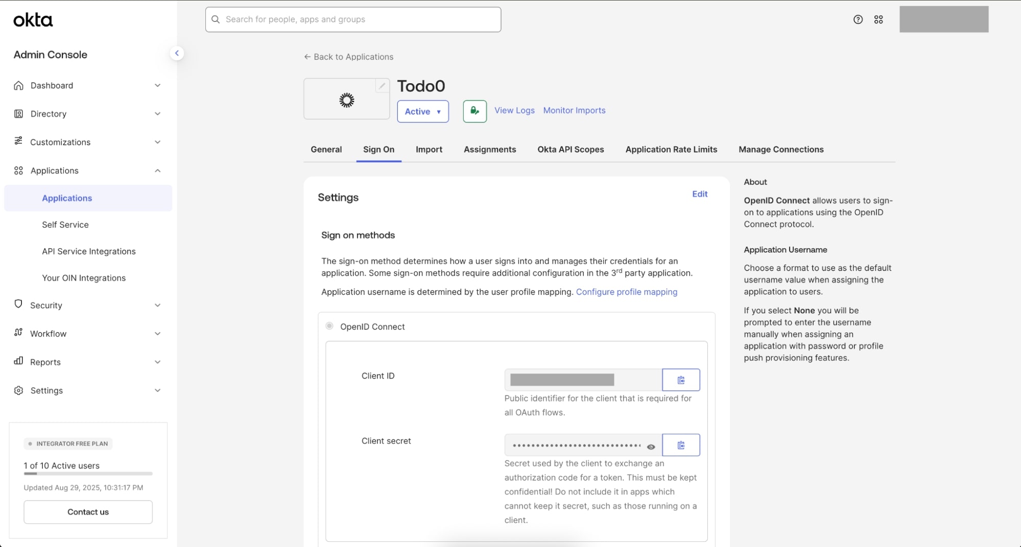 View Client ID and Client Secret for Todo0 Resource App in Okta Admin Console