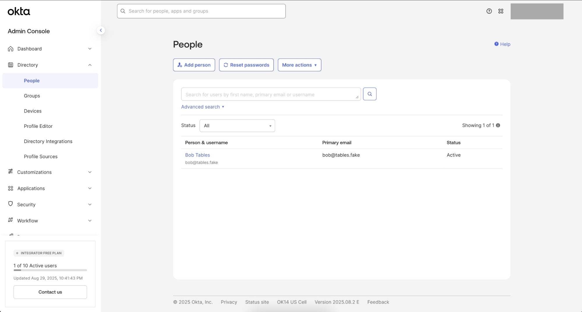 Create a test user Bob Tables in Okta Admin Console