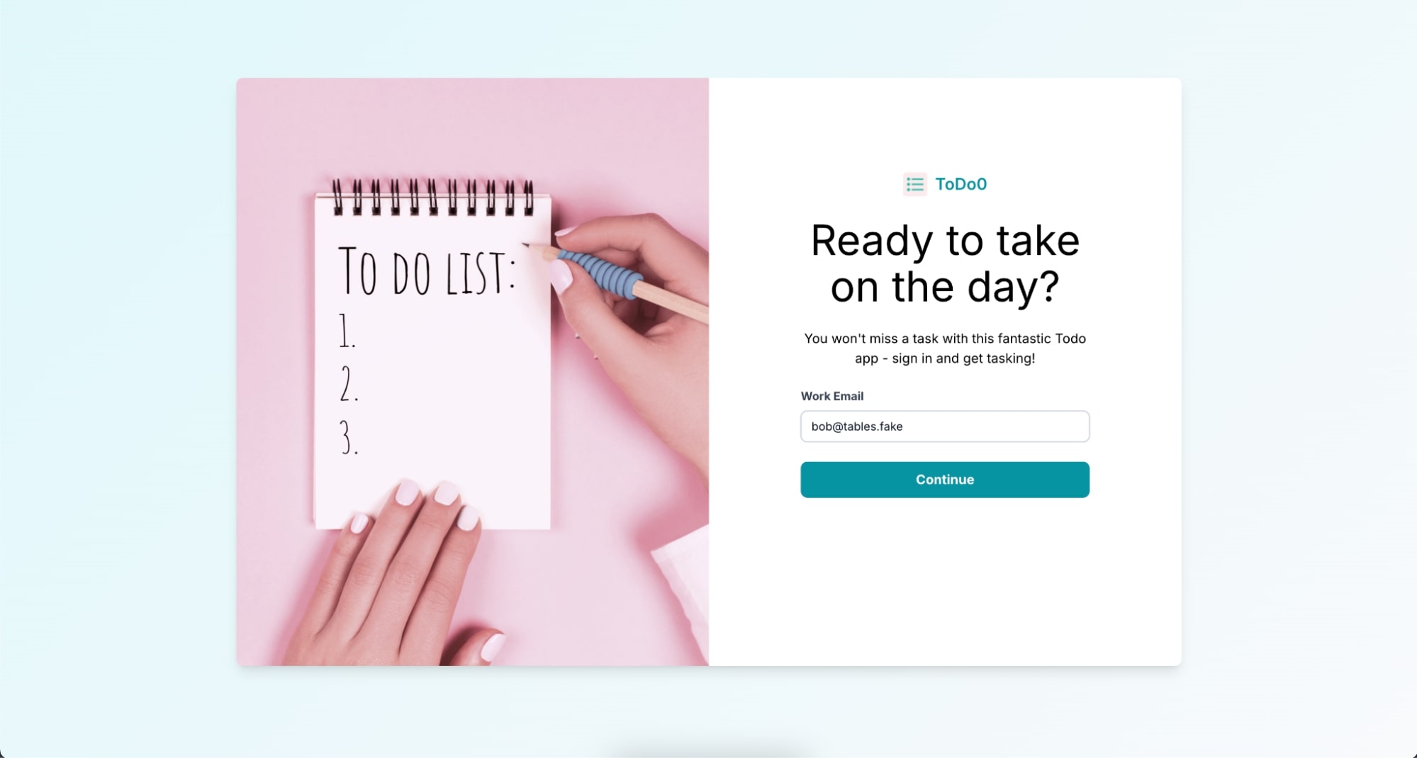 Sign in to Todo0 app using Bob Tables test user