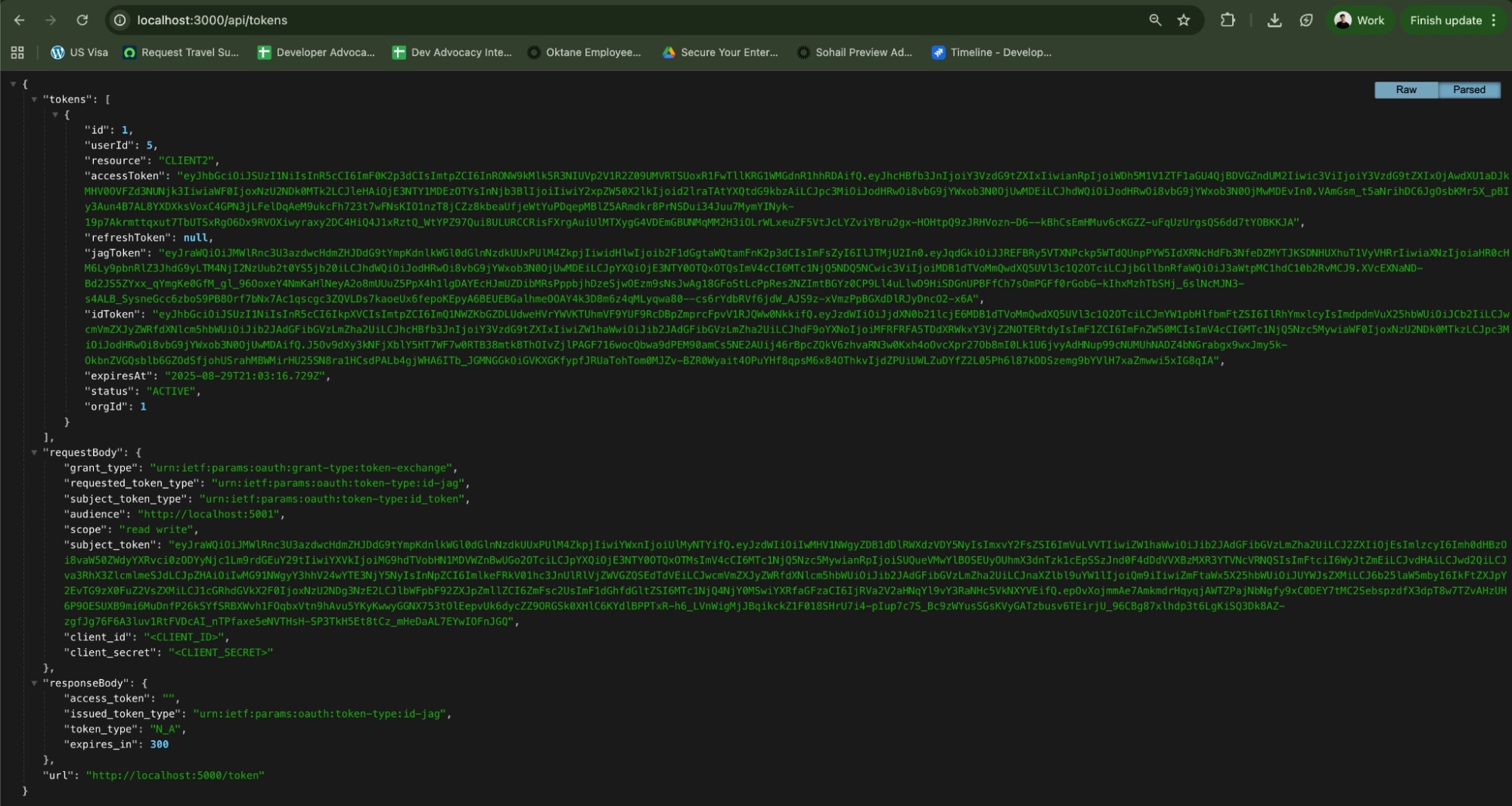 JSON payload containing tokens