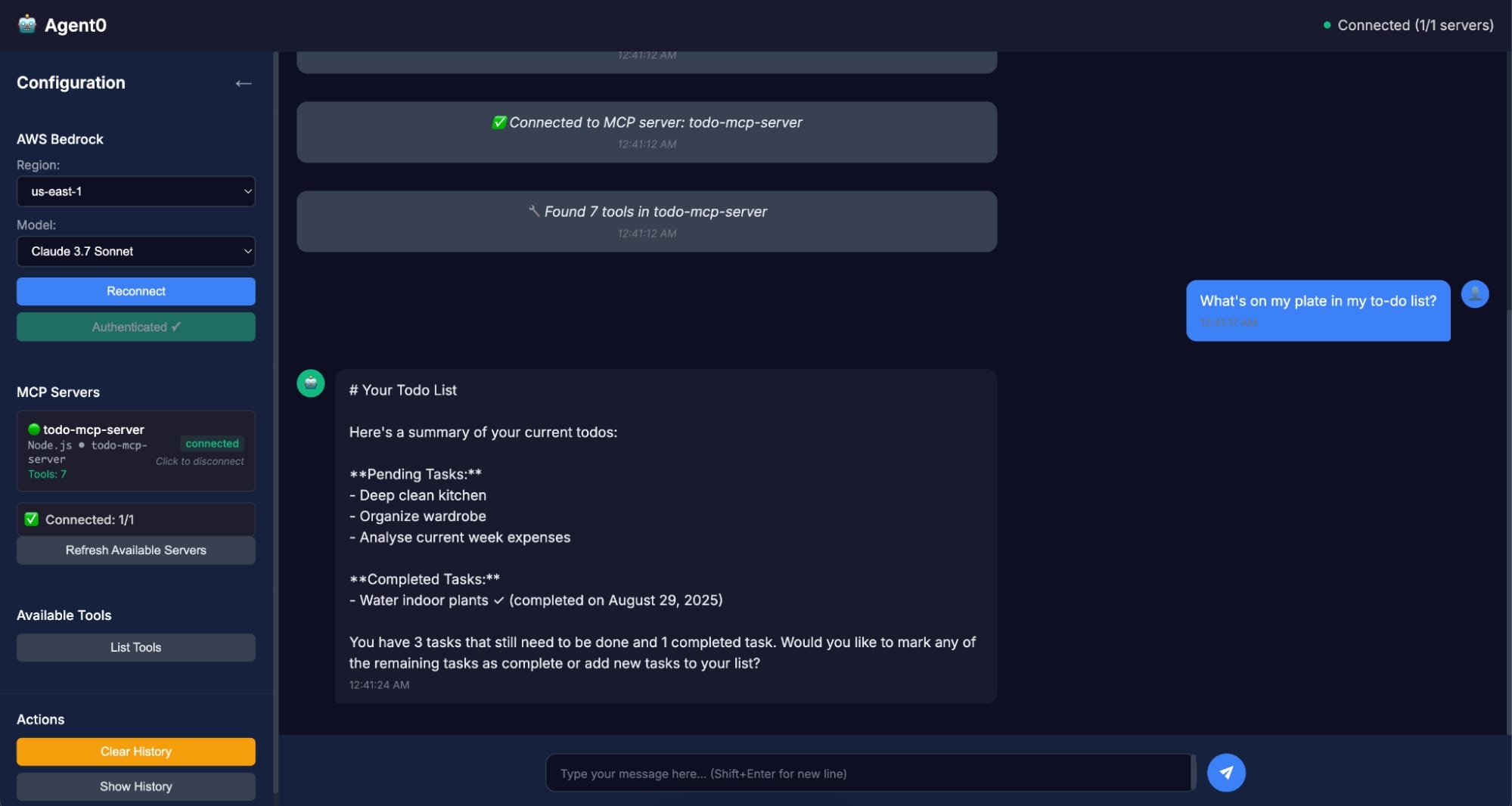 Agent0 app displays pending tasks from Todo0 using Cross App Access