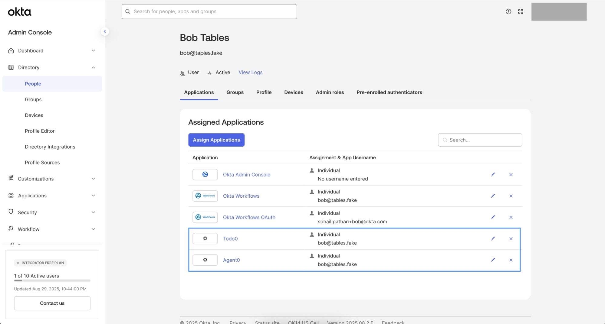 Assign Agent0 and Todo0 applications to Bob Tables user in Okta