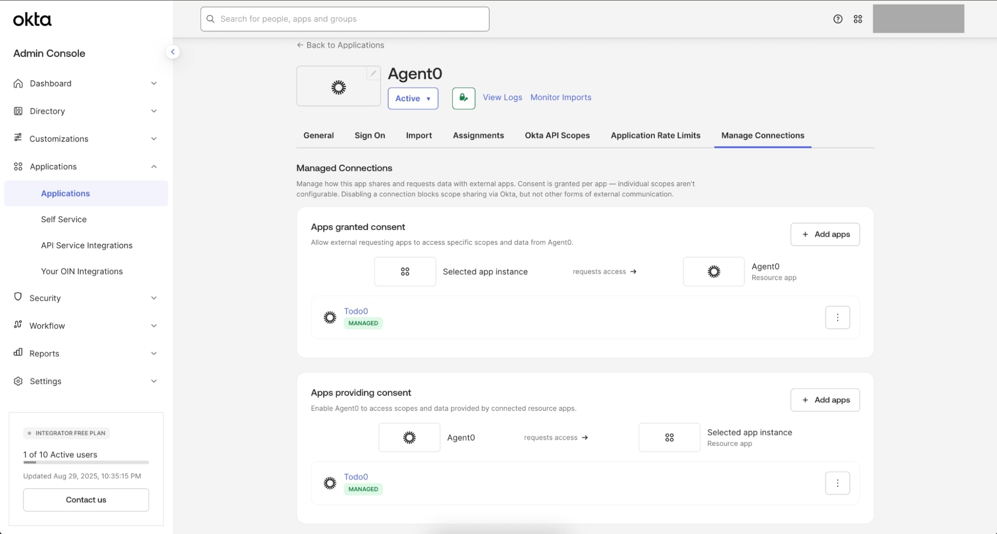 Connect Agent0 and Todo0 apps in Okta by managing connections