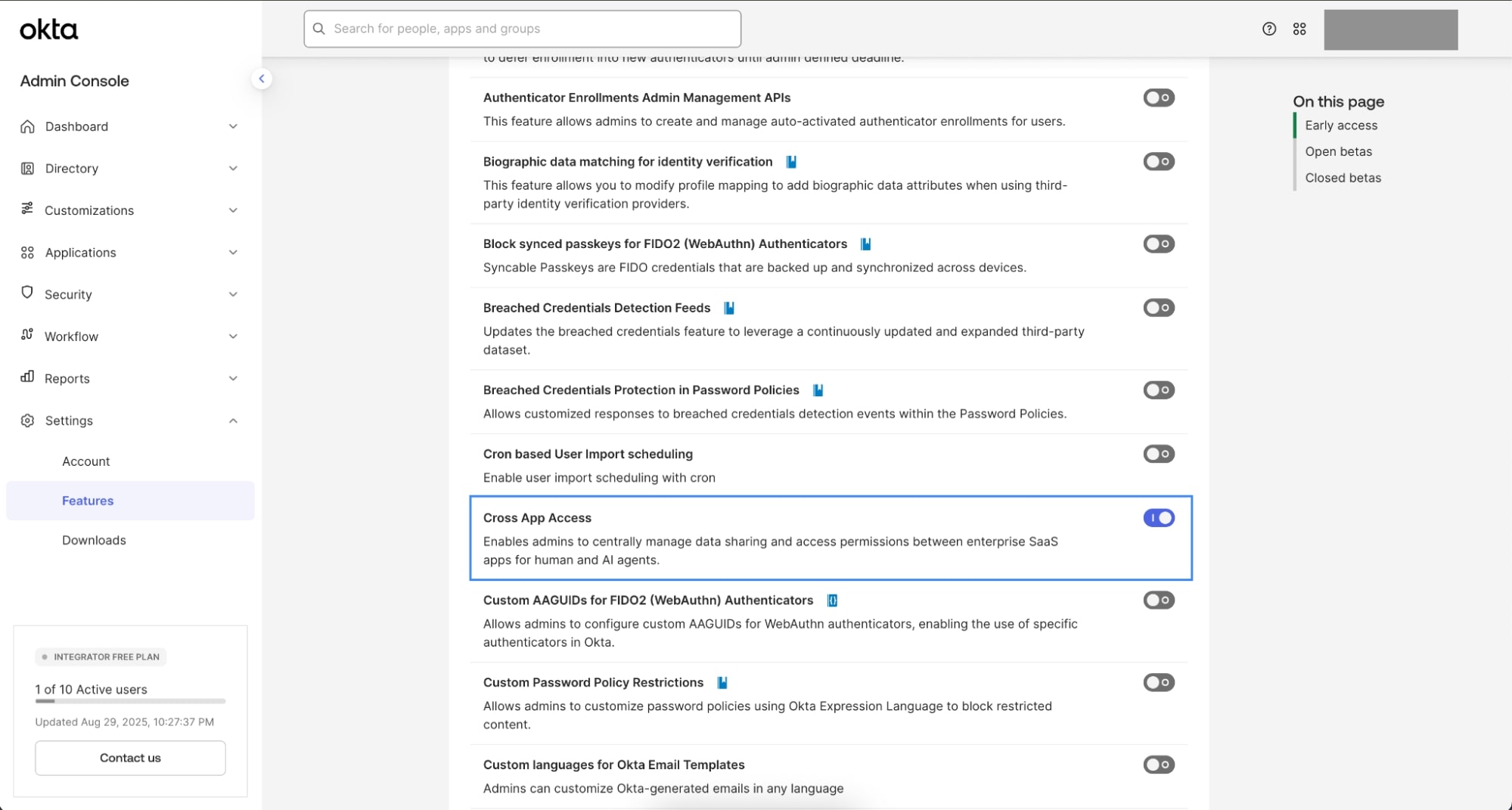 Enable Cross App Access feature in Okta Admin Console